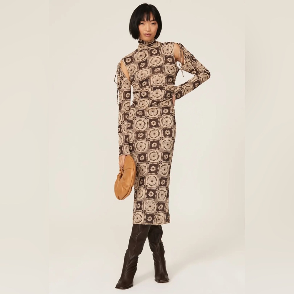 Nanushka Brown and Cream Midi Dress with Geometric Motif